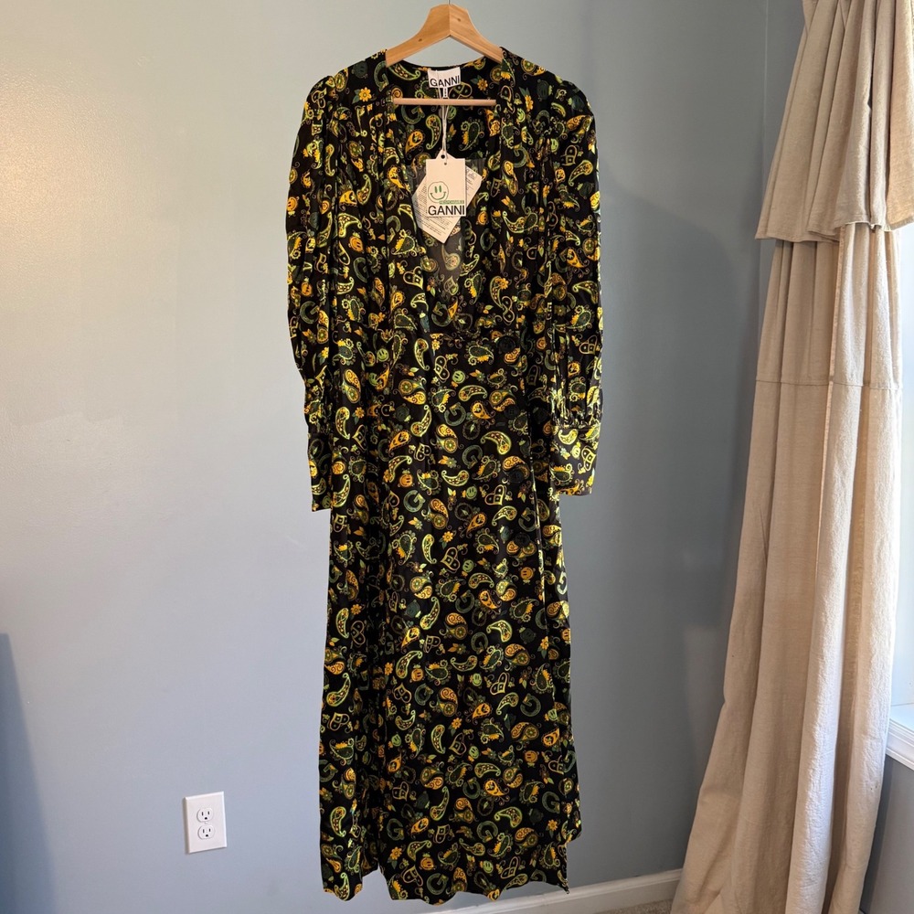GANNI Paisley Wrap Maxi Dress EU‎ 44 NWT Black Gold Viscose Satin Long Sleeve 14